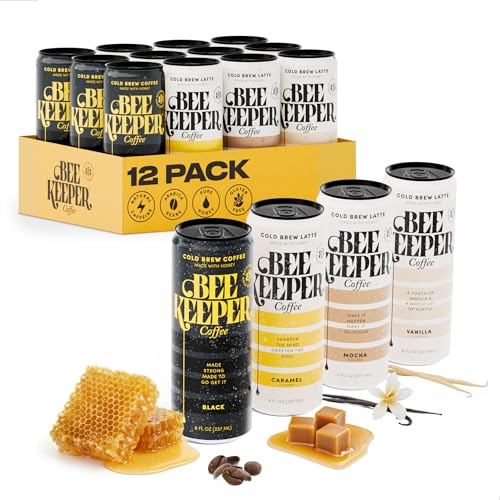 Image of Beekeeper Cold Brew Coffee Drinks with Oregon Honey | 12 Pack Variety Refreshing Iced Coffee - Unsweetened & Strong Arabica Brew, 8 fl oz Ready-to-Drink Can - 180mg Natural Caffeine