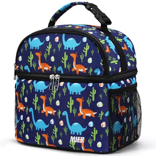 MIER Kids Lunch Bag for Boys Girls Insulated Toddlers Lunch Box Bags Kid Lunch Cooler Tote for School Picnic Travel Outdoor, Dual Compartments, Blue Dinosaur
