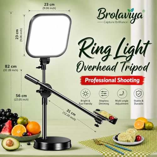 Image of BROLAVIYA Overhead Phone Stand with LED Fill Slab Light, 360 Rotating Phone Holder, Desk Stand for Reading, YouTube, TikTok, Reels, Cooking Videos, Recording & Content Creation