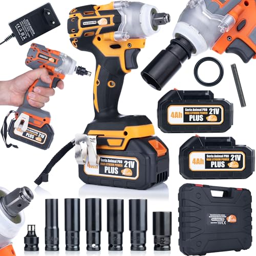 Rosfix - Juego de llaves de impacto inalámbricas, color naranja Doberman, 21 V, OD21 V, 2 baterías 4 Ah, 350 Nm, motor sin escobillas de 1/2 pulgadas, para coche, bricolaje, taller | Herramienta