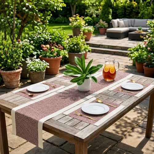 Image of YELONA Placemats and Table Runner Set - Heat Resistant, Non-Slip & Washable PVC Vinyl Dining Table Mats - Walnut Brown (6 Placemats: 45x30 cm, 1 Runner: 180x30 cm)