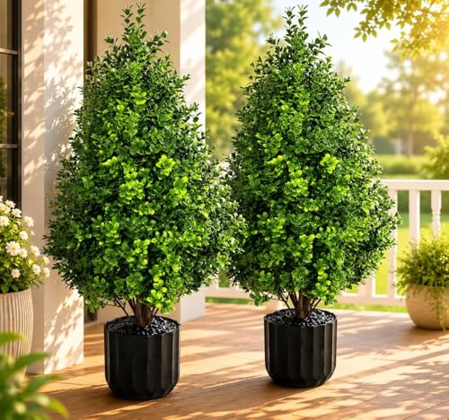 2PACK Artificial Boxwood Topiary Trees in Pot 70CM Artificial Boxwood Plants Outdoor Indoor with Planter Realistic Potted Faux Shrubs Plants Fake Evergreen Tree for Patio Garden Room Office Decor
