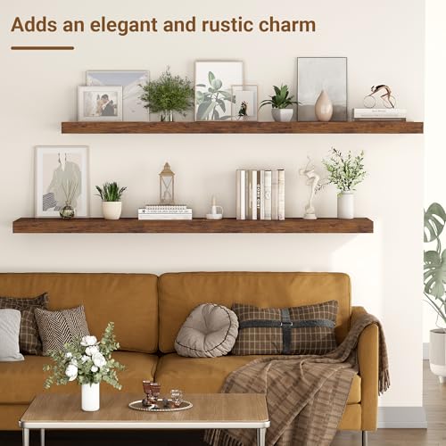 Image of 48 Inch Floating Shelves, 12 Inch Deep Floating Shelves for Wall, Extra Deeper & Thicker Wooden Wall Shelf with Invisible Brackets, Shelf for Bedroom Home Decor(Rustic Brown, Set of 2)