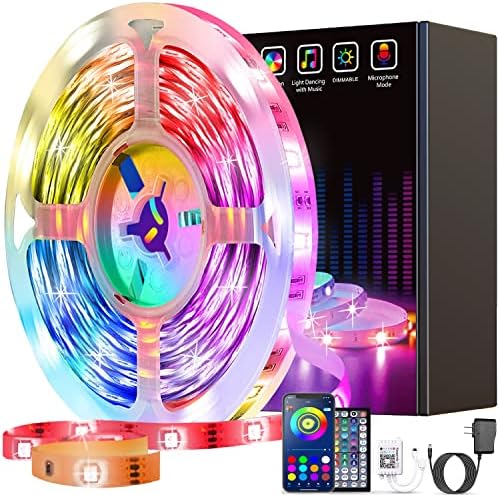 Jerritte LED Strip Lights 32.8ft, LED Light Strip with Remote App Control, Music Sync Color Changing RGB LED Lights for Bedroom Room