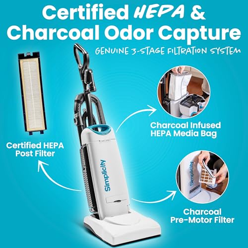 Image of Simplicity Vacuums Premium Allergy Upright Vacuum Cleaner - Multi-Surface Bagged Vacuum Cleaner for Home with Charcoal HEPA Filter Media, Powerful Pet Hair Pickup, Brushroll Activation Switch, S26