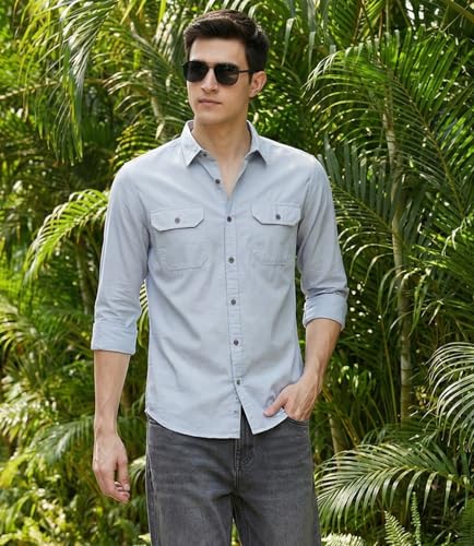 Image of IndoPrimo Men's Cotton Shirt with Stylish Flap Pockets Full Sleeves Spread Collared Neck Solid Pattern Western Style Classic Fit and Standard Length