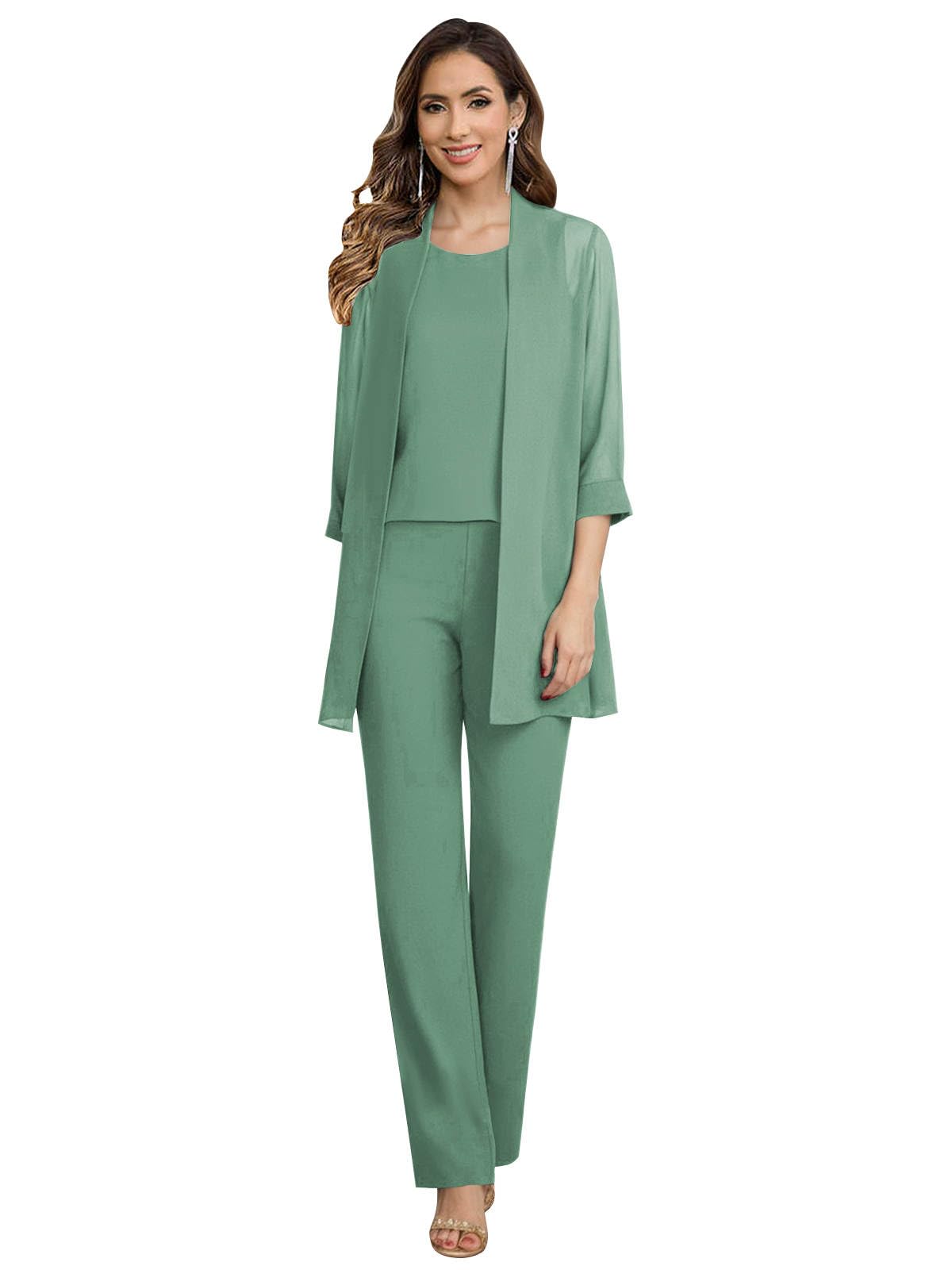 Mother of The Bride Pant Suits with Jacket 3 Piece for Women Long Sleeve Formal Pantsuits for Wedding