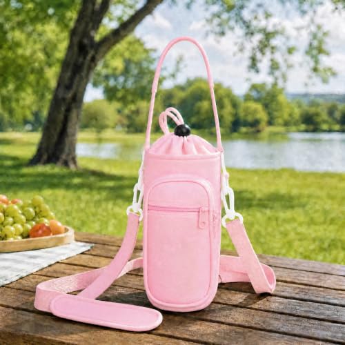 Image of Crossbody Water Bottle Holder with Strap, Phone Pocket(Pink, 32, Ounces) | Insulated Neoprene, Sweat Proof Exterior, Dual Carry Options, Built-In Storage Slot, For Walking, Hiking, Camping And Gym