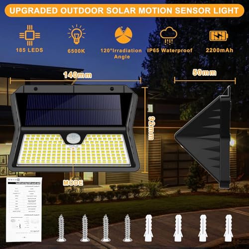OUILA Luz Solar Exterior, 185 LED 3 Modos Luces Solares con Sensor Jardin de Movimiento, Foco Solar Exterior IP65 Impermeable para Jardín, Garaje, Calle, Patio, Puertas(2-Paquete Blanco Frío) - Imagen 7