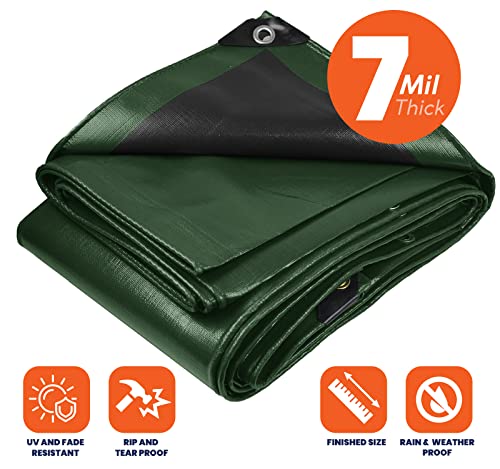 Image of Heavy Duty 7 Mil Tarp Cover, Waterproof, UV Resistant, Rip and Tear Proof, Poly Tarpaulin with Reinforced Edges for Roof, Camping, Patio, Pool Cover, Boat (Green /Black 24′ X 24′)