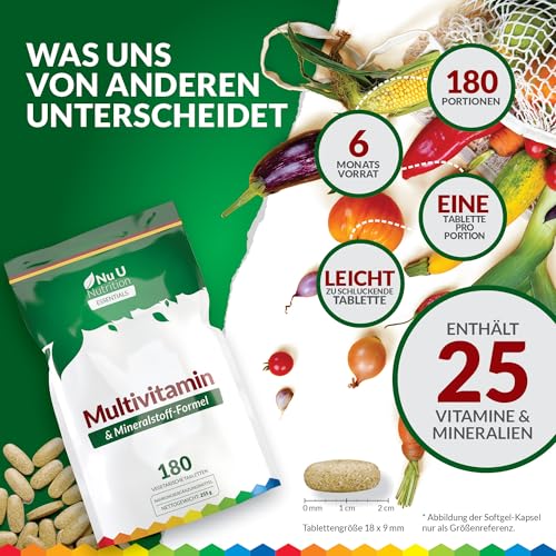 Multivitamin-Tabletten für Männer & Frauen - 180 Tabletten - 6 Monats-Vorrat - 25 A-Z Multivitamine & Mineralien mit Eisen, Zink & Vitamin D - Eine pro Tag - Nu U Nutrition
