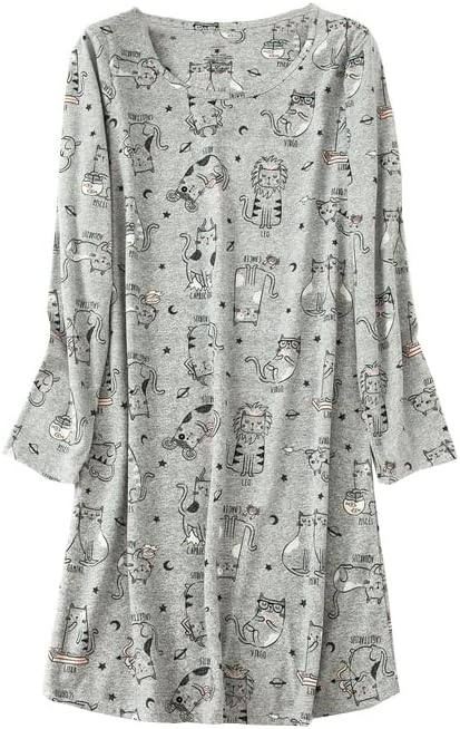 PNAEONG Women's Cotton Sleepwear Long Sleeves Nightgown Print Tee Sleep Dress