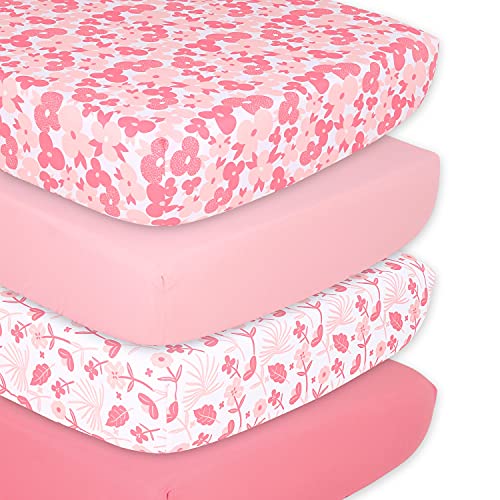 The Peanutshell Crib Sheets for Girls, Fitted Baby Bed Sheet Set, Standard Size Crib Mattress, 52x28, Floral Daisy Nursery Decor, 4 Pack in Floral, Solid Pink, Peach, Rose, Coral Watercolor