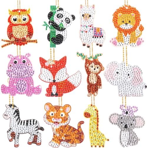 Hooqict Gem Arts and Crafts for Kids Ages 8-12 Girls Make Your Own Gem Keychains 5D Diamond Art Painting by Numbers Kits Diamond Art Keychains Gem Art Kit for DIY Animal Crafts Gifts