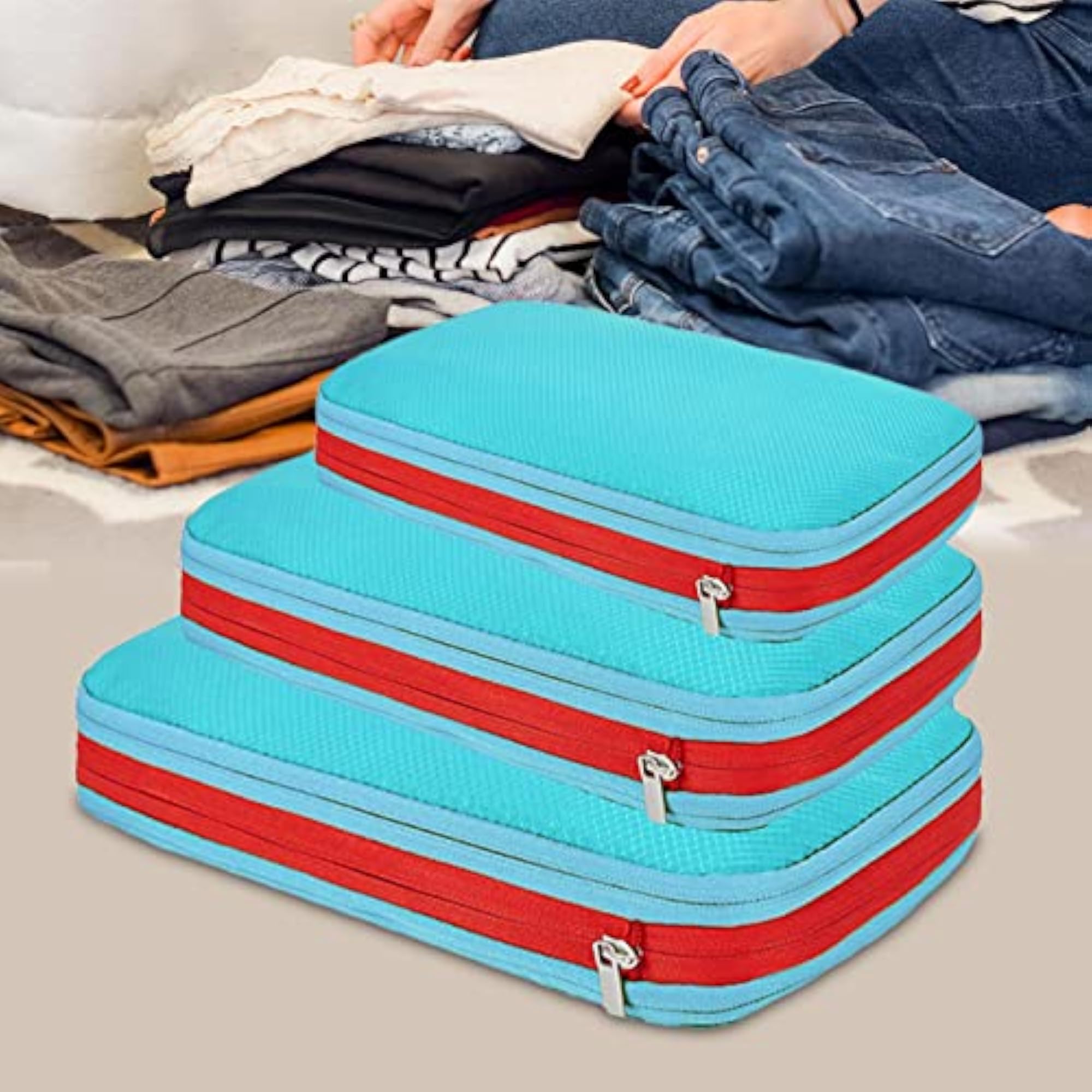 3Pcs Compression Packing Cubes Set, Light Blue
