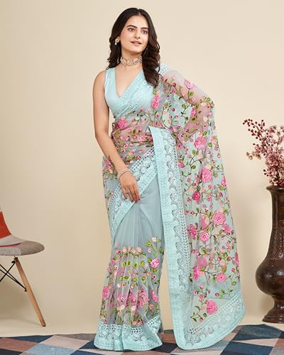 Image of VAIRAGEE Women's Beautiful Soft Net Embroidery Saree With Unstitched Blouse 6079