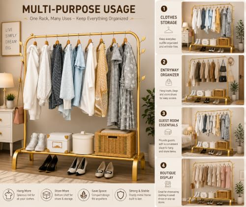 Image of Metal Multifunctional Heavy-Duty Quality Garment Stand Cloth Rack Freestanding Storage Organizer with Bottom Shelves Adjustable Folding Single Pole for Living Room (Gold)