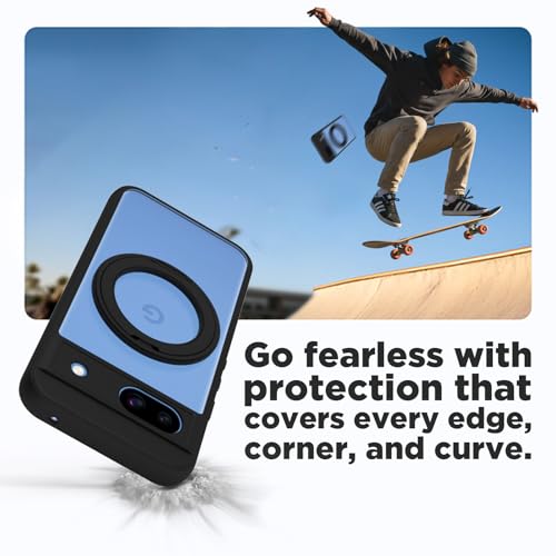 Image of RIGGEAR Shockproof Sleek Hybrid Armor 360 Rotating Magnetic Ring Stand Back Cover Case Compatible with MagSafe Accessories for Google Pixel 8A (Clear PC + Black TPU Bumper)
