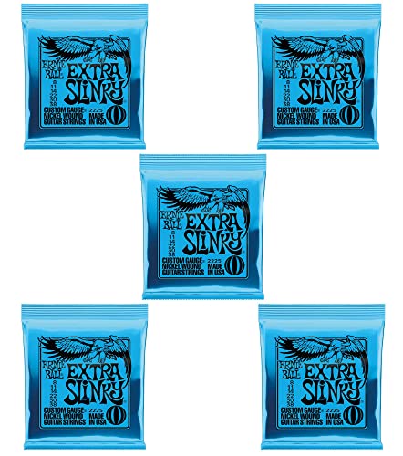 Ernie Ball 2225 Extra Slinky Lot de 5 cordes pour guitare électrique - Les Beatles, Paul McCartney, John Lennon, RIngo Starr, George Harrison Ernie Ball 2225 Extra Slinky Lot de 5 cordes pour guitare électrique