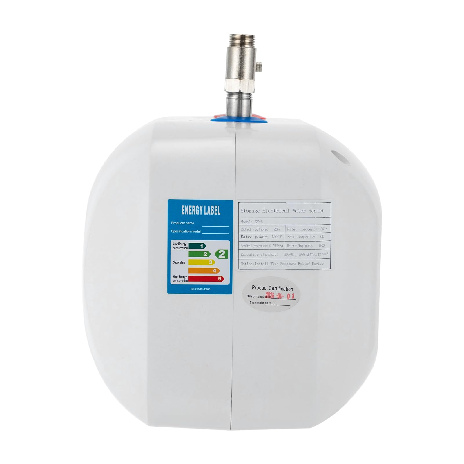 Elektrischer Warmwasserbereiter 6 Liter Mini Untertischboiler mit Stecker 1500W Niederdruck 30-65°C für Handwaschbecken, Küche, Waschbecken