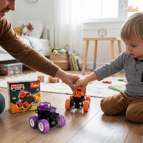 Image of Kriddaank Pack of 2 4x4 Monster Truck for Kids - Friction Powered Stunt Cars with 360 Spin Action - 4WD Push and Go Toy Vehicles for Toddlers, Boys & Girls Aged 3-7 Years (Multicolor)