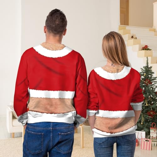 BOVOSHA Hässliche Weihnachtspullover Dame Herren Für Pärchen Lustig Xmas 3D Sweatshirt Haariger Bauch (Rot, 3XL)