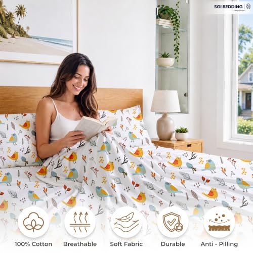 Image of SGI bedding RV Short Queen Sheet Set 60x75, 600 TC Egyptian Cotton, 4 Piece Luxury Hotel Collection, Ultra Soft & Breathable, Fits RV Mattress Camper & Trailer, 15 Inch Pocket, Spring Bird