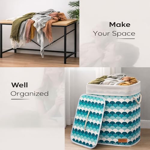 Image of Amazon Brand - Umi Rectangle Bamboo Laundry Basket for Clothes with Lid Wave Printed Hamper | Eco-Friendly, Foldable & Lightweight Organizer (Blue, 40x30x50 cm, Pack of 1)