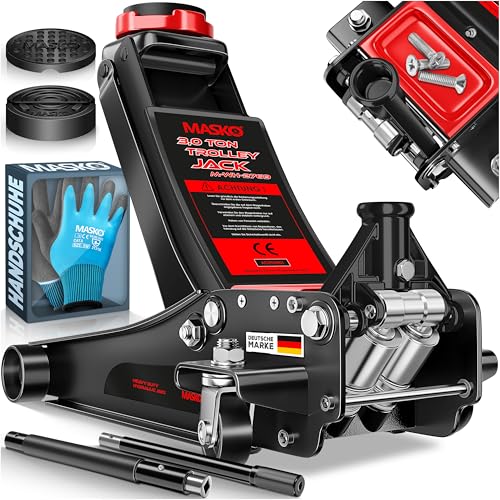 MASKO® Wagenheber hydraulisch 3T Flache Hubhöhe 85-485mm 3X Gummiauflage KFZ Rangierwagenheber SUV, 360° Rollen, inkl. Koffer + Handschuhe Rollen Heber Unterstellbock für tiefergelegt bis hoch