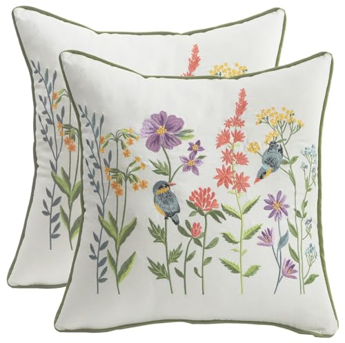 Tosleo - Set di 2 federe decorative ricamate, 40 x 40 cm, con fiori colorati e uccelli, in cotone e lino, per cuscini di camera da letto, soggiorno, ufficio, giardino, divano, casa di campagna, auto