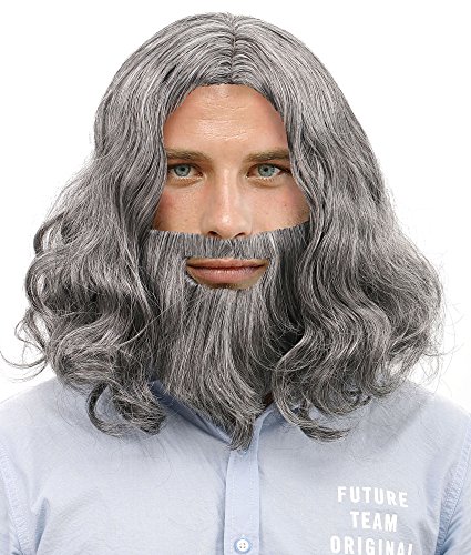 Simplicity Jesus Brown Full Wavy Wig With Beard Set and Free Wig Cap, Grey