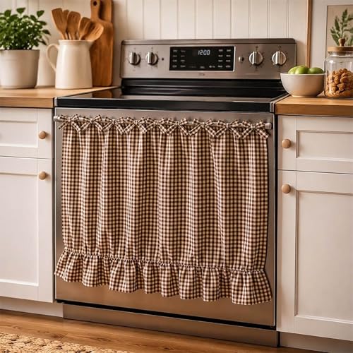 LOSOZO Oat Handmade Oven Skirt for Farmhouse Kitchen Dcor Oven Curtain Tie Top Decorative Cabinet Dish Washer Oven Curtains Appliance Curtain with Ruffled Trim & Ribbon Ties Effortless Install