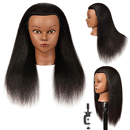 Mannequin Head 100% Real Hair for Hair Styling Hairdresser Cosmetology Practicing Doll Head with Free Clamp Afro Manikin Training Head for Practice Styling Braiding Hair Hairdresser Practice Head 14"