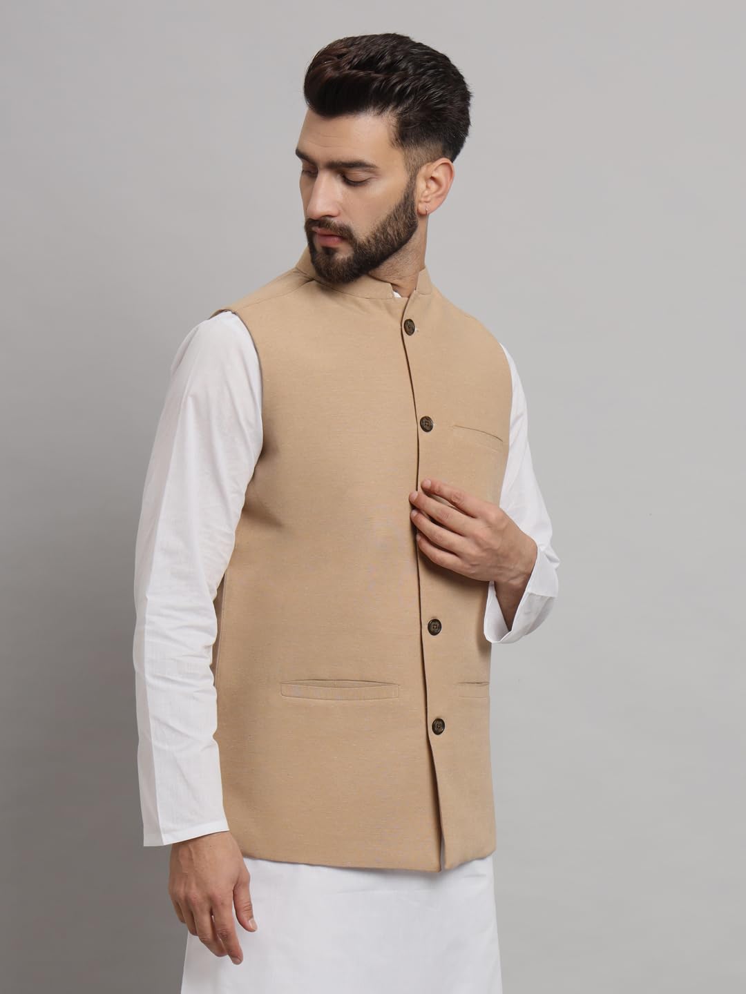 LATEST CHIKAN Men's Traditional Cotton Solid Nehru Jacket/Waistcoat -SADRI-DB-BG-38 - Image 3 thumbnail