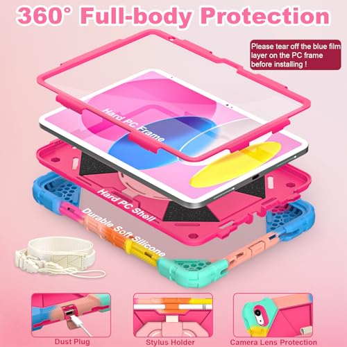 Image of WESOROL Case for iPad (A16) 11th /10th Generation 2025 /2022 with Screen Protector Rotating Stand Pencil Holder Shoulder Strap Heavy Duty Shockproof Cover for iPad 10th Gen Case,Colorful Pink