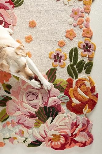 Image of Hand-Tufted Wool Large Carpet for Living Room 7x10 feet Ivory Multicolor Floral Anti-Skid High Pile Thick Carpet & Rugs for Bedroom & Hall