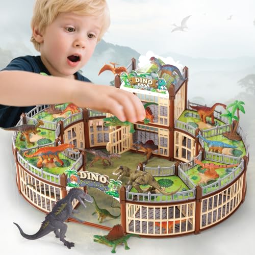 Dinosaurier-Spielplatz-Set, 215-teilig, 18 Dinosaurier, eigenen Park Bauen, mit öffnendem Käfig & Kampfstation, für Jungen und Mädchen (braun)