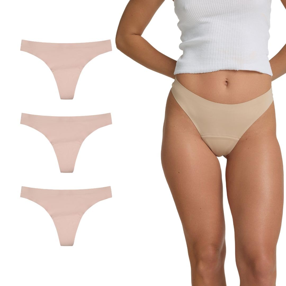 Modibodi Period Underwear Women Seamfree Thong 3 Pack Light Absorbency 20ml Leakproof Invisible No VPL Reusable Period Pants Comfortable Fit Cashew - 14/L