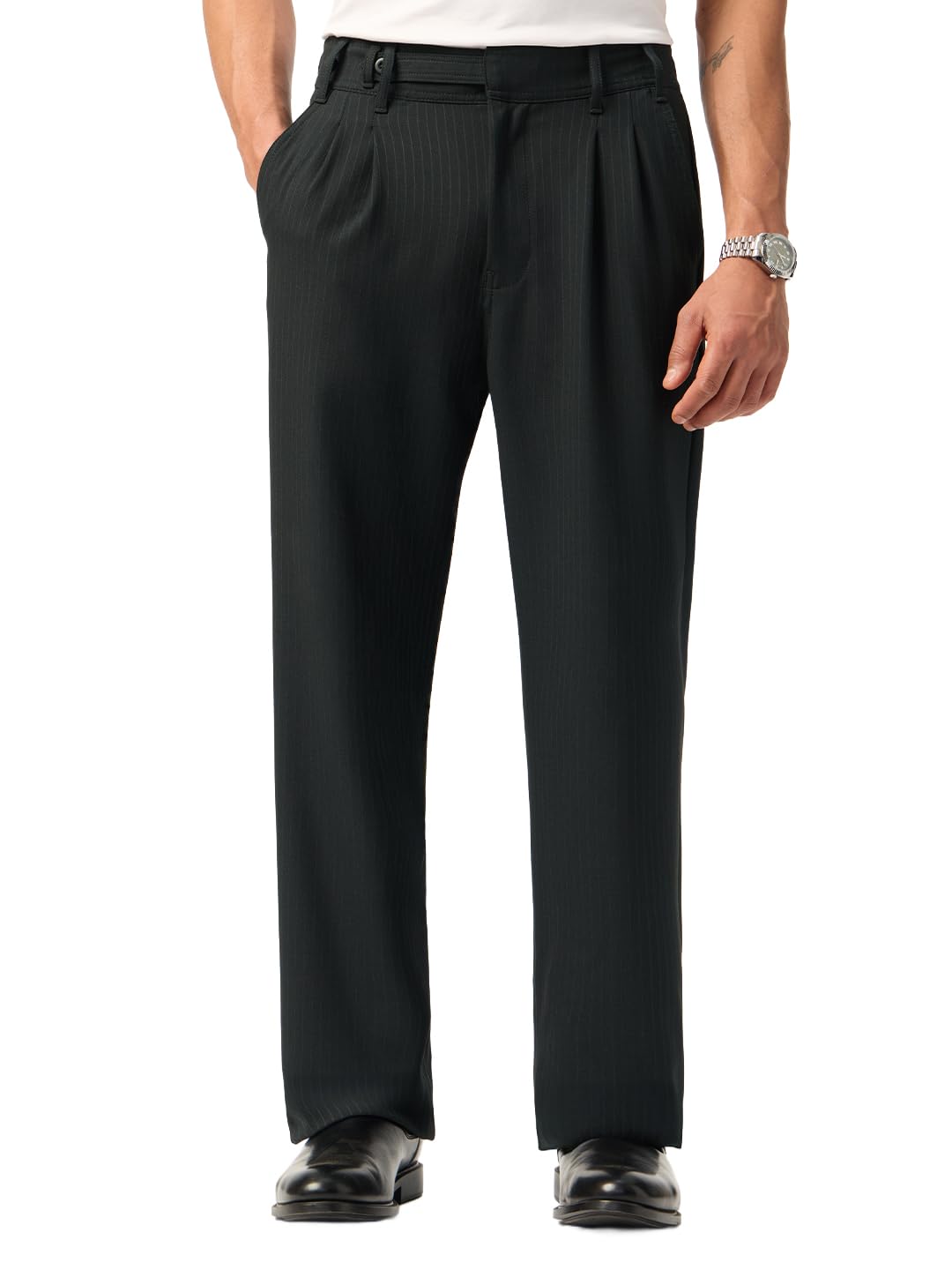 Korean Pants: Men and Boys Pinstripe Poly-Viscose Blend Straight Fit Pleated Front Elastic Back Waistband Everyday Office Wear Easy to Style Super Flex Pants