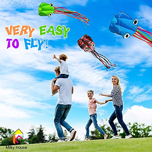 Kites For Kids Easy To Fly, 3 Pack 3D Giant Octopus Kite Long Tail With 100M Kite String With Reel, Beach Kites For Adults Easy To Fly, Rainbow Kites For Kids Ages 8-12, 3 Colors Kites For Boys Girls #TOP1