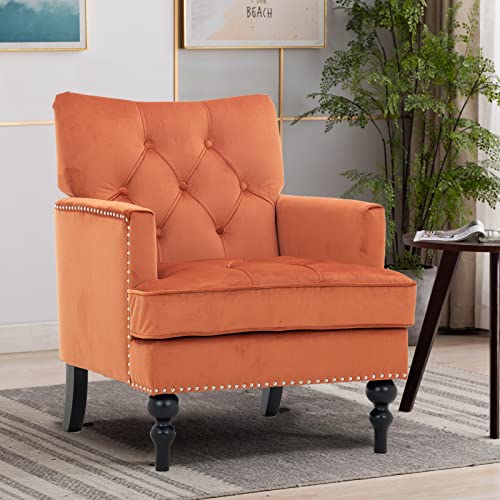 Artechworks Tufted Club Chair Velvet Modern Accent Single Sofa With Studded Nailhead Wooden Legs Armchair Comfy Upholstered For Club Living Room Bedroom Office Reading Room, Caramel Color #TOP2