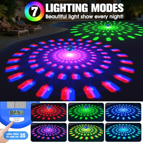 Image of 2026 Solar Pool Lights with Digital Pool Thermometer,Color Changing Floating Pool Lights that Float IP68 Waterproof,Hangable Solar Powered Floating Light for Pool Lighting Party Decor-1 PC