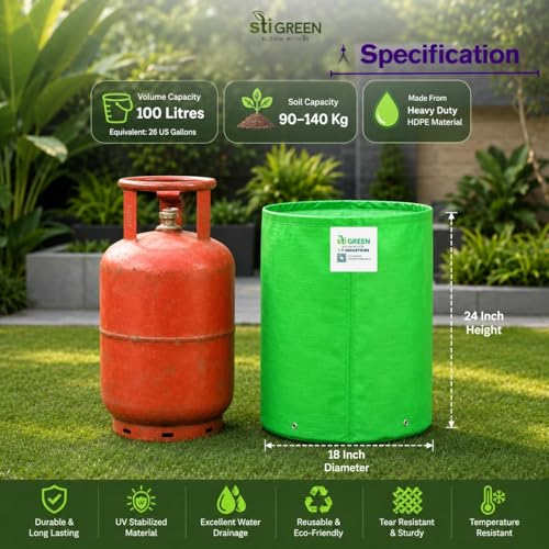 Image of HDPE Grow Bags for Plants 18X24 Inch (Pack of 10) | 260 GSM Heavy Duty UV-Protected Round Green Colour Plant Bags for Terrace and Vegetable Gardening | Strong & Reusable|
