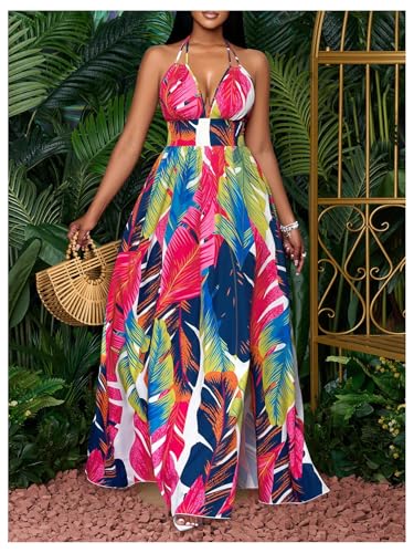 Women's 2025 Summer Halter Dress Tropical Tie Backless Deep V Neck Sleeveless Split Flowy Maxi Dresses3