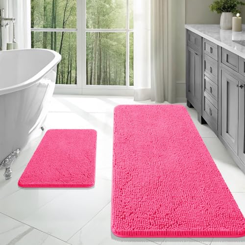 Image of OLANLY Chenille Bathroom Rugs Mats Sets 2 Piece, 47 inchx20 inch+24 inchx16 inch, Hot Pink | Ultra Soft Absorbent Bath Rugs Set, Rubber Backing Non-Slip, Quick Dry, Machine Washable Bath Carpet, Home Decor Accessories