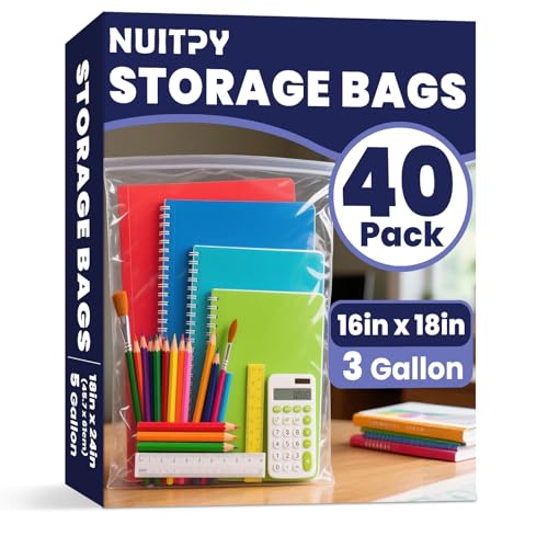 40 Pack Large 3 Gallon Storage Bags with Zipper Top 16 x 18 inch Zipper Bags Clear Plastic Bag for Storage Reusable Sealable Storage Bag for Clothes Travel & Moving Double-sided Thickness 4 Mil