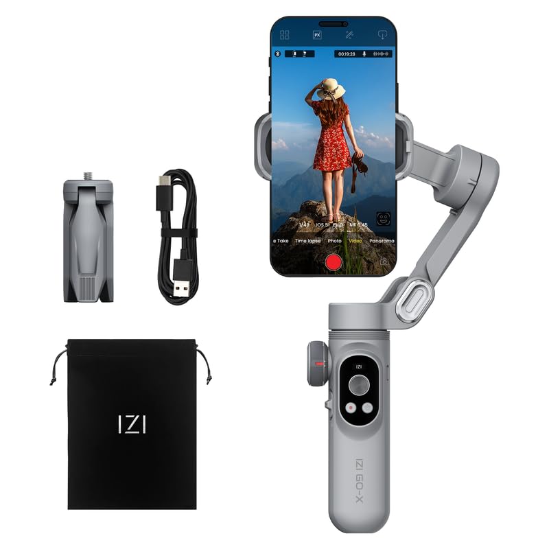 IZI GO-X Mobile Handheld Gimbal Stabiliser, 3-Axis, OLED Display, LED Fill Light, Wireless Charge Pad, Android, iOS, Live Video, Instagram, YouTube, Shot Guide, Smart AI Track, Portable Gimbal.