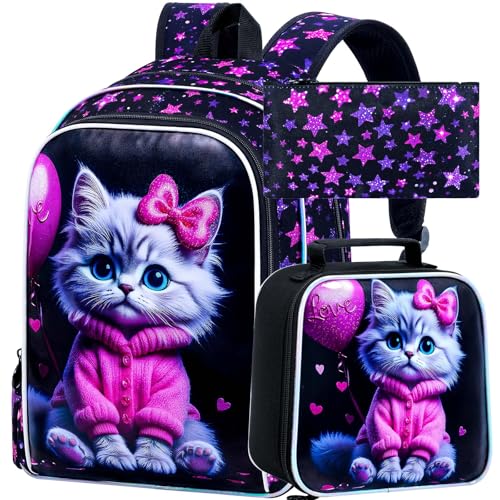 Image of CCJPX 3Pcs Cat Backpack for Girls, 16 inch Kids Bookbag with Lunch Box, Water Resistant Elementary School Bag for Kindergarten Preschool Toddler (Black)