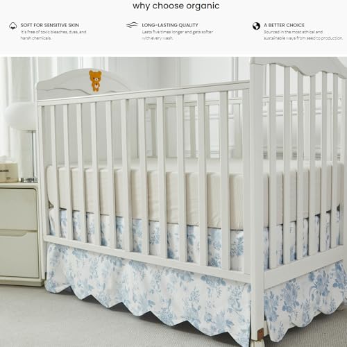 Image of Brandream Scallop Edge Cotton Crib Skirt, Baby Girl, French Country Blue Toile Crib Skirt Toddler Bedskirt Farmhouse Chic Nursery Crib Bed Skirt, Boho Bohemian Vintage Grandmillennial Floral Print