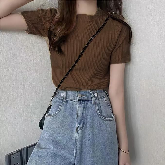 Image of Typical Fashion Women's Ribbed Knit Slim Fit Top - Short Sleeve, Round Neck, Stretchable Stylish T-Shirt for Casual & Formal Wear